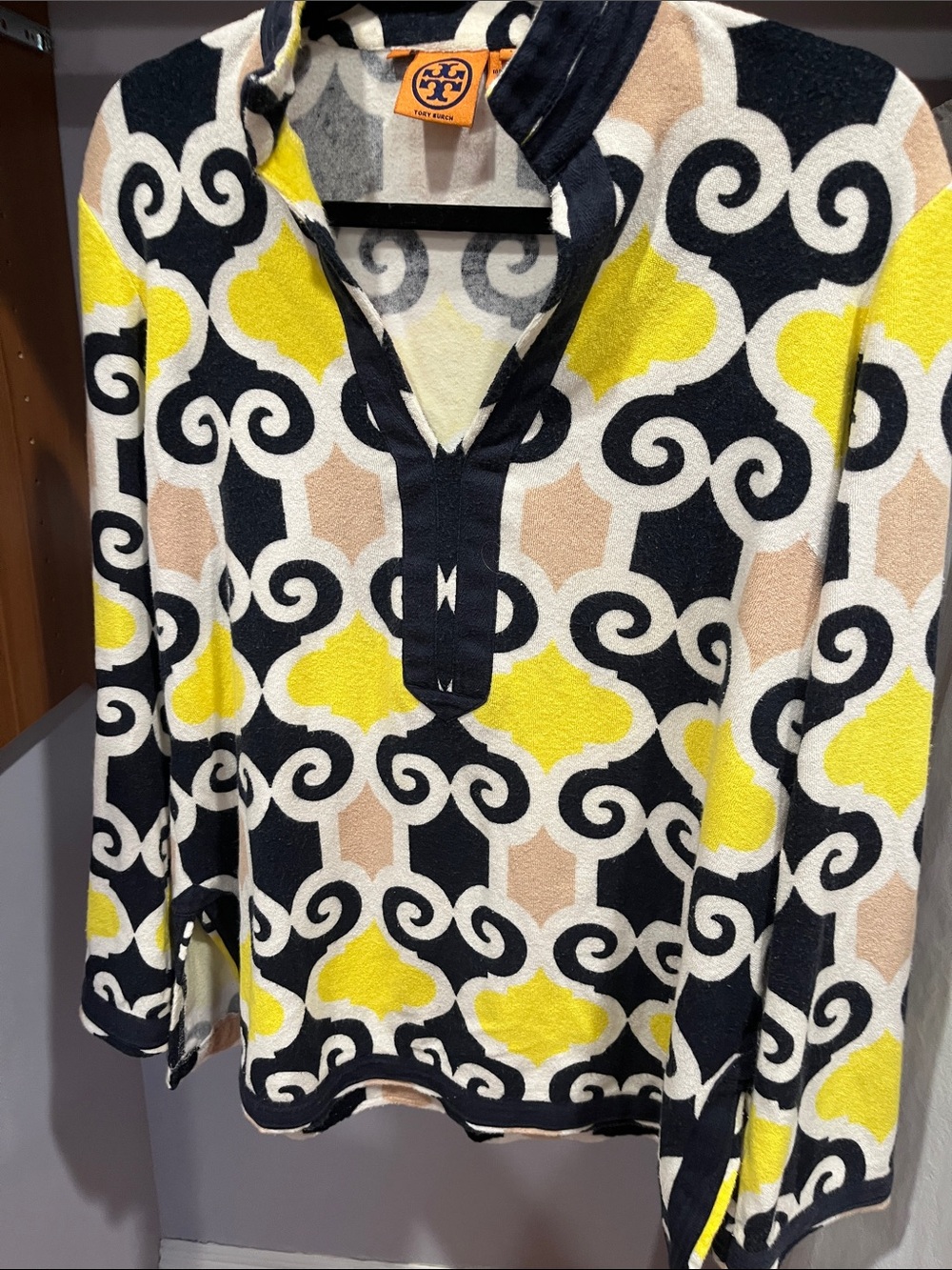 Tory Burch Yellow Black Cream Tan Geometric V‑Neck Terrycloth Shirt
